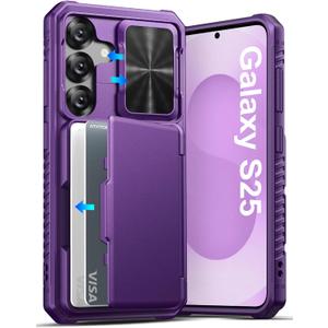 ATATOO for Samsung Galaxy S25 Case, Built-in Card Holder (Store 3-5 Cards) & Slide Camera Cover & RFID Blocking, Military Grade Protection, Hard Wallet Phone Case for Samsung S25 6.2", Dark Purple