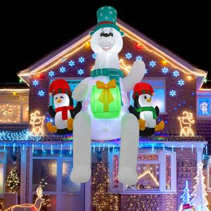 8 FT Polar Bear Inflatable Decoration Sitting on Roof with LED Lights and Kaleidoscope Lights, Suitable for Holiday Celebration Decorations on Yard, Lawn and Patio