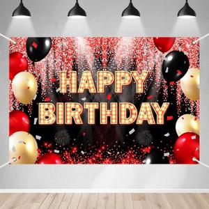 Happy Birthday Backdrop Banner Black and Red Theme Background with Neon Shiny Fashion Birthday Party Photo Photography Prop Booth Background for Boys Girls Celebration