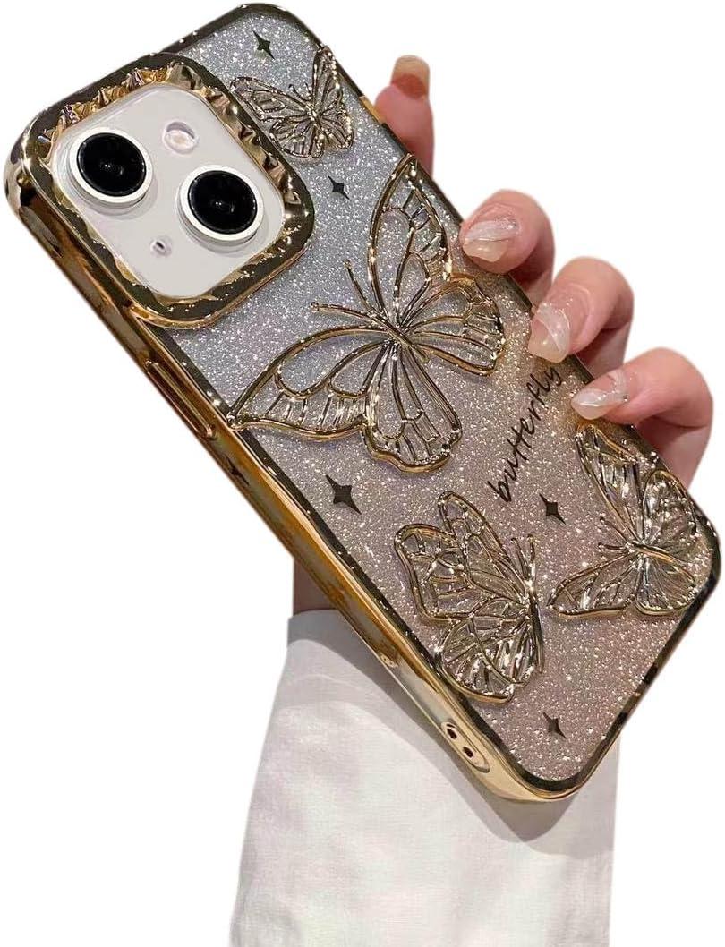 Bling Glitter Butterfly Phone Case Compatible with iPhone 14, 3D Butterflies Luxury case Soft Sparkling Cover for Women Girls (Gold)