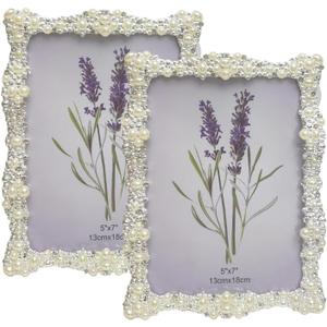Elegant Pearl and Crystal Metal Picture Frame, White, 4 * 6in,5x7 Inch, Decorative Border, Wedding Style Photo Display, Silver Plated for Tabletop Display,2 Pack(PICTURE RANDOM) (2, 5 * 7)