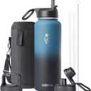 Water Bottle 40 oz Insulated with Straw, Coolflask Stainless Steel Metal 3 Lids Water Flask for Sports or Office, Keep Cold 48H Hot 24H, Samurai Cyan