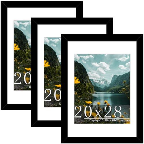 Picrit 20x28 Frame 3 Pack, Black Poster Frame, Display Poster 16 x 20 with Mat or 20 x 28 without Mat for Horizontal or Vertical Wall Mounting