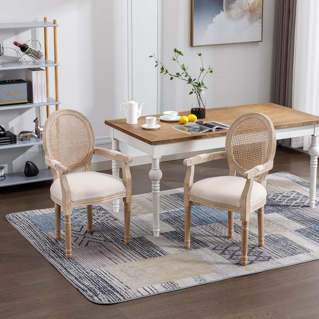 Set of 2 French Vintage Upholstered Dining Armchairs,Beige Fabric Dining Chairs with Rattan Mesh Round Back, Rubberwood Frame, Weathered Finish, Farmhouse Kitchen Side Chairs with Arms for Dining Room, 21.66