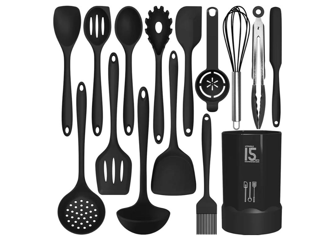AOTHOD Silicone Cooking Utensils Set - 446°F Heat Resistant Kitchen Utensils,Turner Tongs,Spatula,Spoon,Brush,Whisk,Kitchen Utensil Gadgets Tools Set for Nonstick Cookware,Dishwasher Safe (BPA Free)