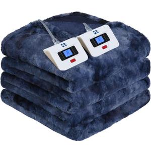 Sealy Electric Heated Blanket Queen Size, Faux Fur & Flannel Fast Heating Blanket with 10 Heat Setting & 1-12 Hour Auto Shut Off, Machine Washable, Navy Blue, 84 x 90 Inch (Indigo)