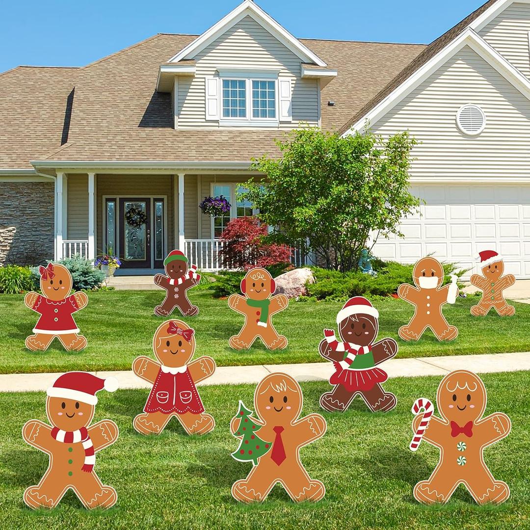 AnyDesign 10Pcs Christmas Yard Signs with Stakes - Gingerbread Man and Other Holiday Designs for Lawn, Patio, Pathway Decor