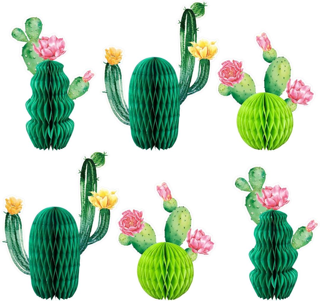 Whaline 6Pcs Cactus Honeycomb Table Centerpieces Pink Yellow Flowers Bloom Summer Hawaiian Luau Party for Mexican Party Decorations Fiesta Cinco De Mayo Birthday Baby Shower, 3 Design