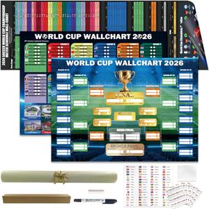 World Cup Wall Chart 2026 Poster Set (3 Pack) PVC Dry Erase Soccer Schedule Posters with Knockout Bracket, Group Stage Tracker & Full Match Timeline Includes 48 Team Flag Stickers, Marker, Eraser & Mounting Tape Fan Gift