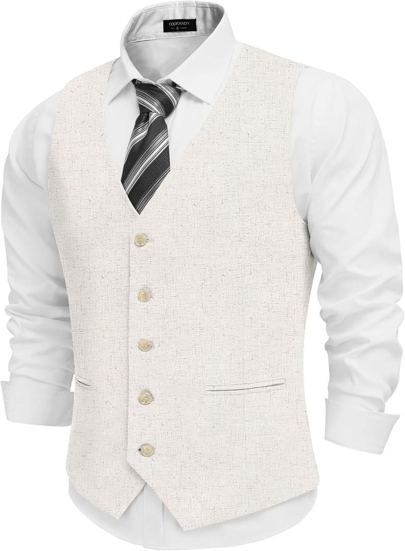 COOFANDY Men's Linen Vest Casual Linen Slim Fit Suit Vests Dress Waistcoat Wedding Business Prom (3X-Large, Light Khaki)