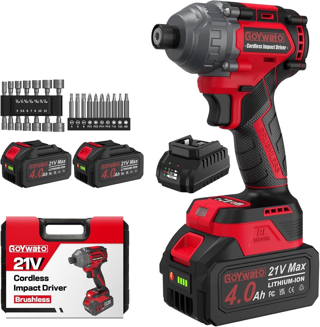 Cordless Impact Driver 2655In-lbs(300N·m) - 21V 1/4" Hex Chuck Brushless Impact Driver With 2 x 4.0Ah Batteries & Charger & 14 x Sockets Set & 10 x Screwdriver Bits for Home Projects & DIY Red