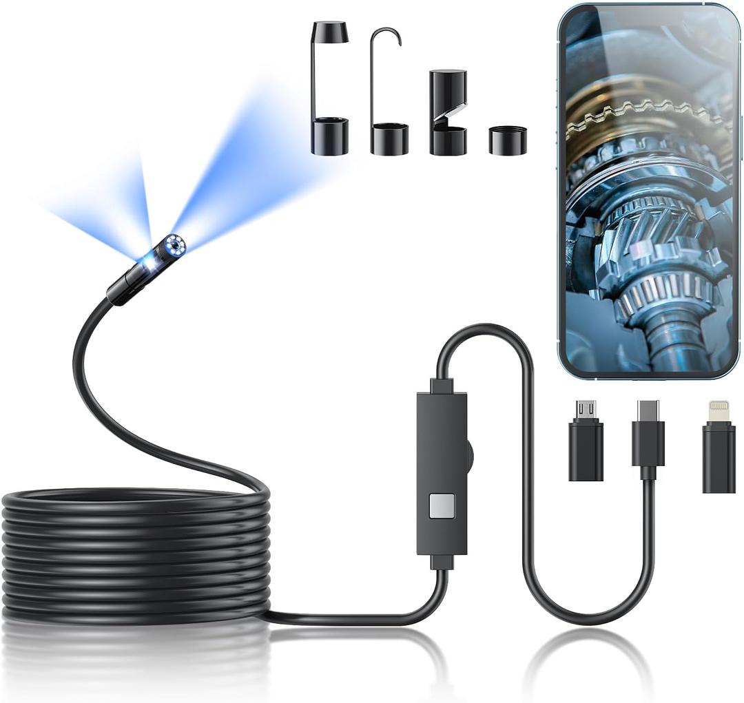 Endoscope Camera with Light,1920P HD Borescope Tools with 8 Adjustable LED Lights, Endoscope with Semi-Rigid Snake Camera, IP67 Waterproof Inspection Borescope for iOS and Android-16.4ft Dual-Lens