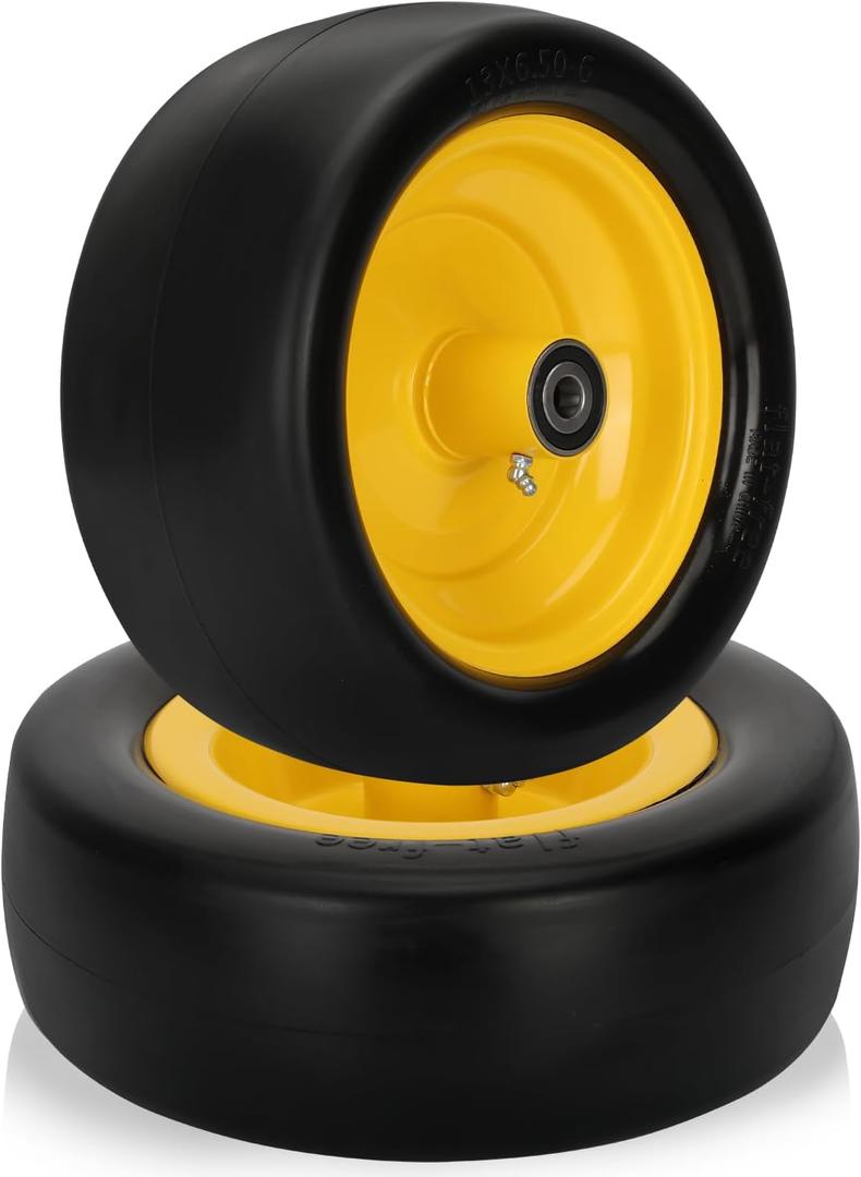 2 Pcs 13x5.00-6 Flat Free Tire and Wheel with Reinforced Rim and 3/4" Chrome Steel Bearings, 13x5x6 Lawn Mower Tires for Residential and Commercial, Zero Turn Mower Front Tires, 4.2"-6.2" Centered Hub (Yellow)