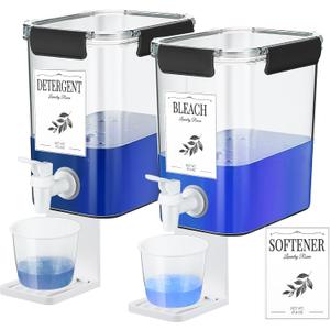 Soaoo 2 Pcs Laundry Detergent Dispenser 67.6 oz Liquid Soap Dispenser with Faucet for Laundry Room 2 Liquid Detergent Holder with Labels and Measuring Cup Fabric Softener Container