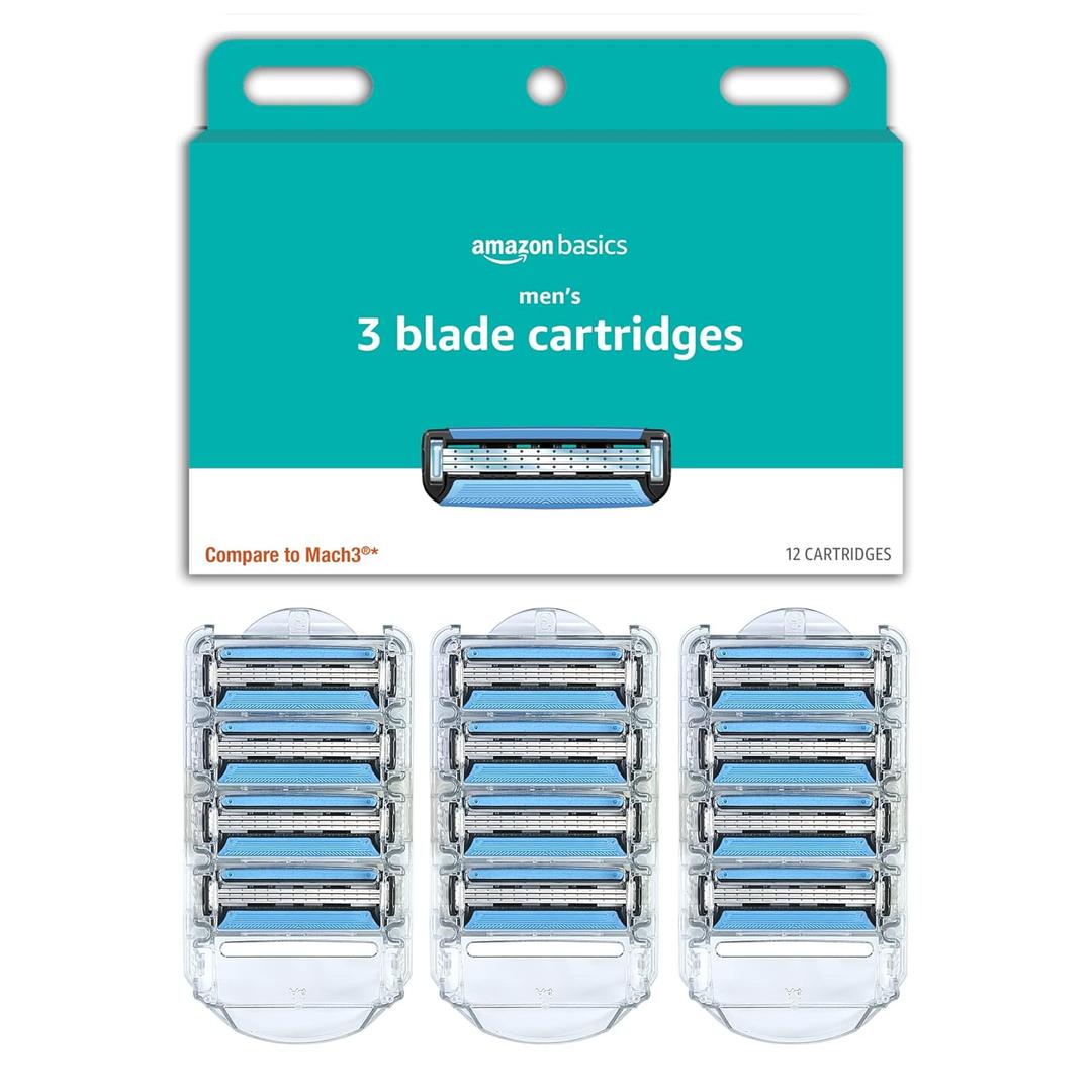 Amazon Basics 3-Blade Razor Refills for Men with Dual Lubrication, 12 Cartridges (Fits Amazon Basics Razor Handles only) (Previously Solimo)