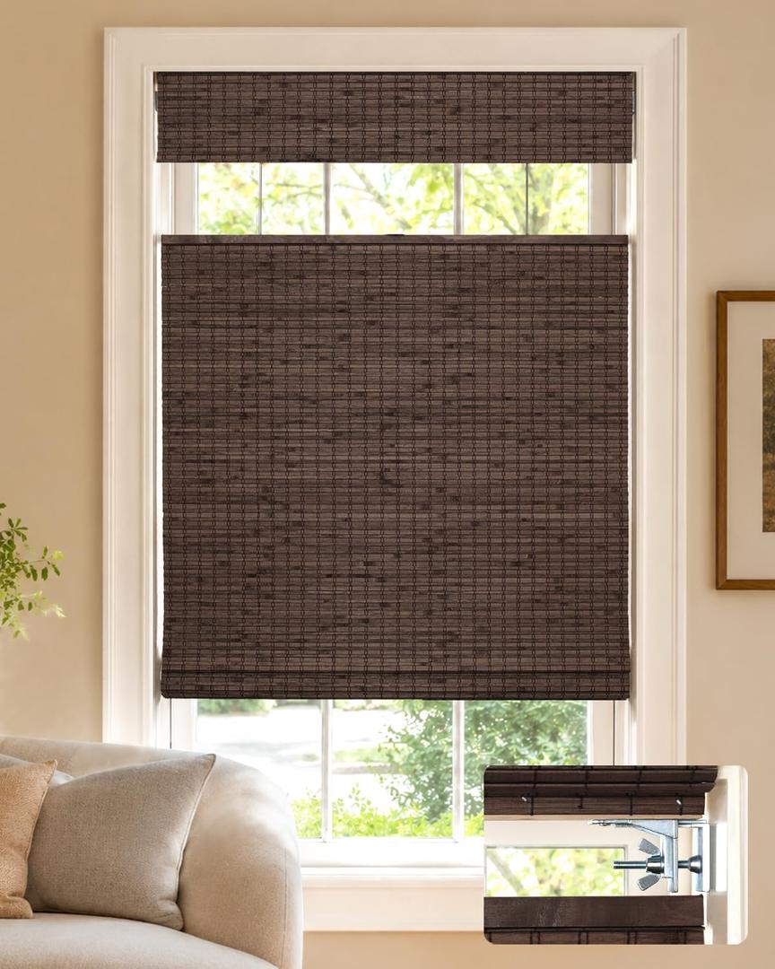 LazBlinds No Drill Cordless Bamboo Roman Shades, 30" W x 64" H, Espresso