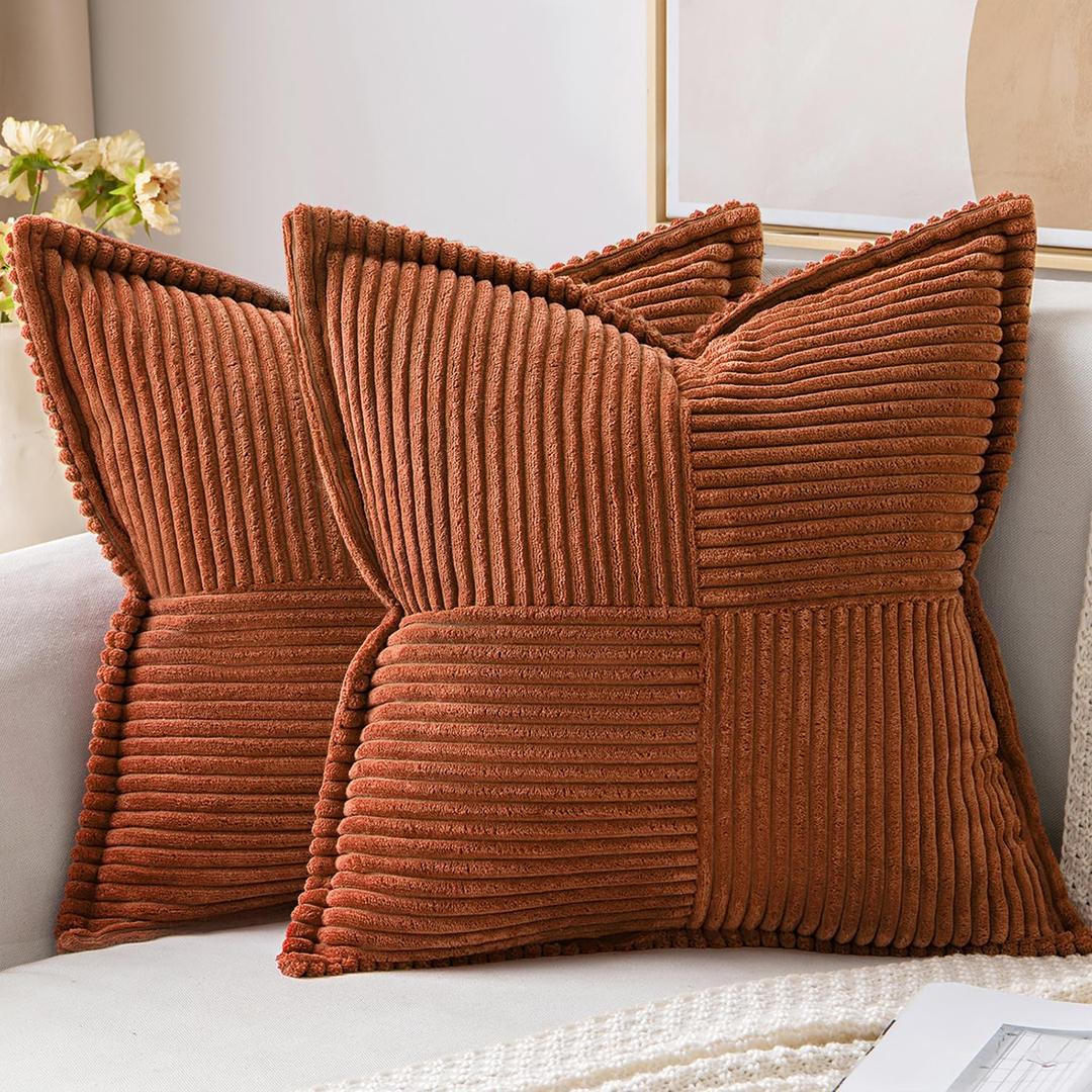 MIULEE Dark Rust Pillow Covers 20x20 Inch with Splicing Set of 2 Super Soft Boho Striped Fall Pillow Covers Corduroy Broadside Decorative Textured Throw Pillows for Couch Cushion Livingroom