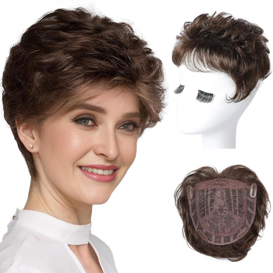 REECHO Hair Topper, Short Wiglet Hair Topper for Women with Thinning Large Coverage Synthetic Top Crown Hairpiece for Women - Dark Chocolate Brown