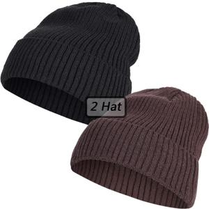 2 Pack Fleece Lined Slouchy Stocking Winter Warm Beanie Men Women Soft Knit Thermal Cuffed Skull Cap Plain Hat (Medium-Large, 2p--coffee-black)