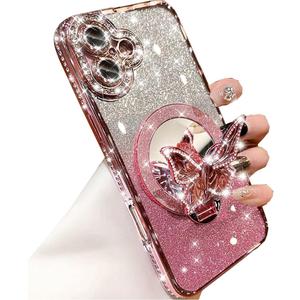 Magnetic Kickstand Glitter Case for iPhone 16 Plus,[Compatible with MagSafe] Cute Bling Sparkly Diamond Butterfly with Camera Protector Makeup Mirror Women Girls Case for iPhone 16 Plus, Pink