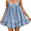 SHENHE Women's Ruffle Hem Denim Mini Dress Sleeveless Button Up Flowy Jean Tank Dresses S