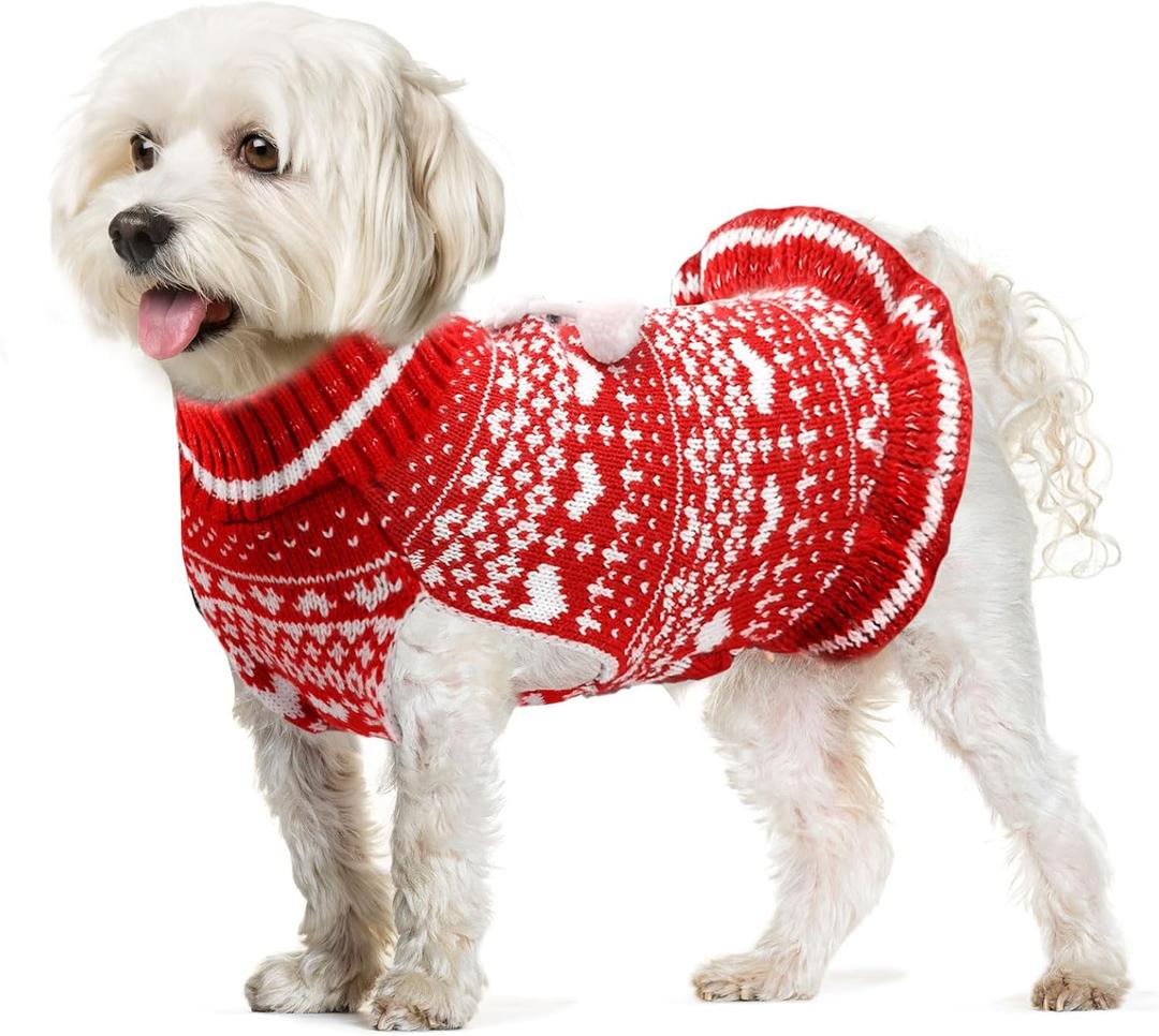 Christmas Dog Sweaters Dress Red Xmas Dog Costumes Winter Warm Pet Clothes White Heart Doggie Puppy Christmas Outfits Cat Knitted Clothing for Small Medium Large Dogs Cats(Red, XL)