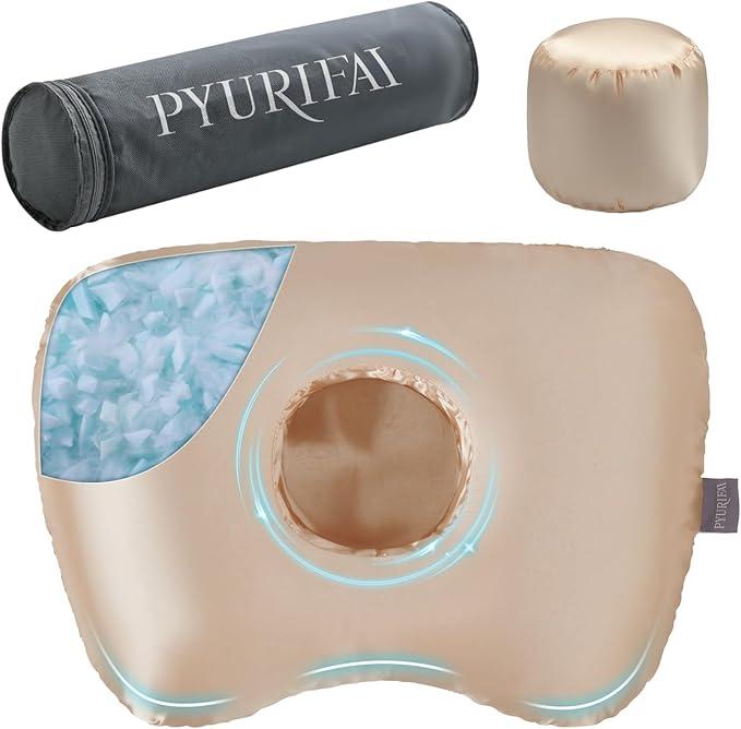 Piercing Pillow  Ear Piercing Pillow With Foam Plug, Adjust Shredded Memory Foam Picrcing Pillow For Side Sleepers, Donut Piliow For Ear With 4x4''Hole, Ergonomic Curved Design, Satin Champagne