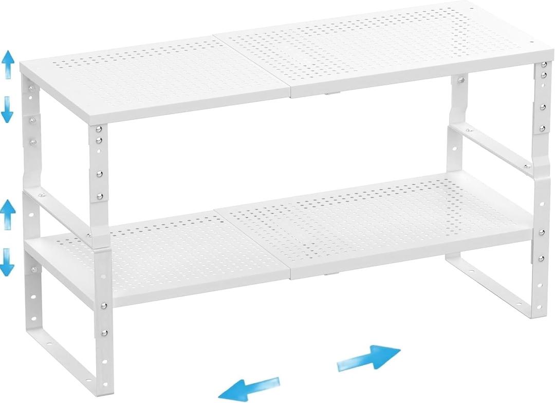 Expandable, Adjustable & Stackable Spice Rack, Cabinet Kitchen Countertop Shelf Organizer, Metal Pantry Storage Shelves - Space-Saving Storage Solution(2Packs/White/Large)