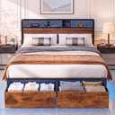 Queen Bed Frame with 2 Drawers, Platform Bed with LED Lights & Charging Station, Wood Headboard with Storage Shelve, Noise Free, Heavy Duty Metal Slats Support, No Box Spring Needed