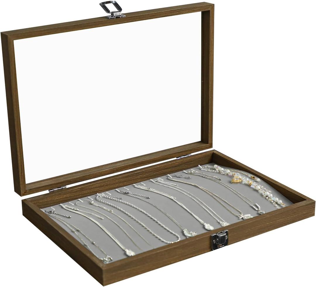 Stratalife Necklace Box Necklace Holder Organizer Wooden Jewelry Box Jewelry Storage Display for Vendors Organizer Tray with Clear Lid Vintage Style