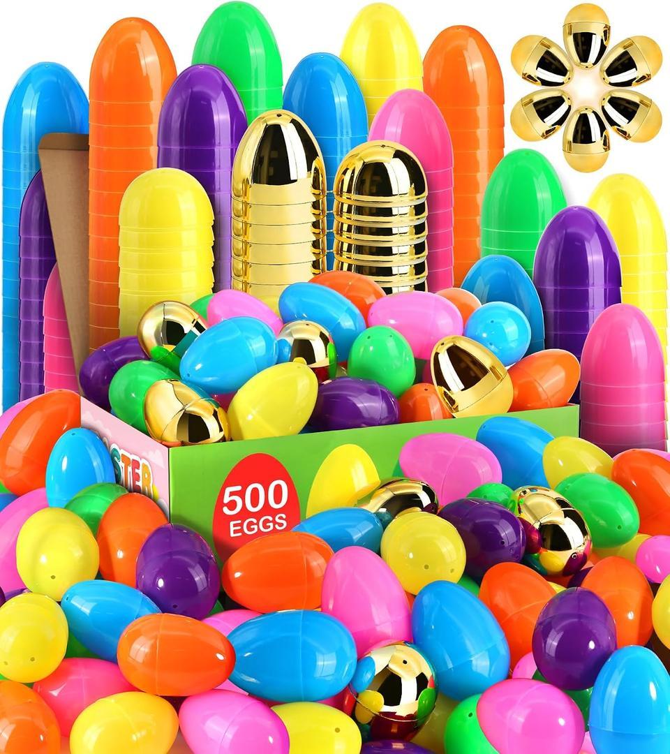 LEASEN [ 12 Surprise Golden Eggs ] 500 Pack Plastic Easter Eggs Bulks, 2.3 Inch Empty Easter Eggs, Bright Colors Plastic Eggs Fillable for Easter Hunt, Basket Stuffers Fillers, Easter Party Favor Pack Of 3