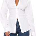 MISSACTIVER Women's Lapel Collar Button Down Shirt Cinch Waist Long Sleeve Casual Work Dressy Tunics Blouse Corset Tops White L