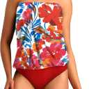 Two Piece Bandeau Tankini Swimsuits for Women Loose Blouson Swim Top with Bikini Bottom Tummy Control Bathing Suits (Red, L)