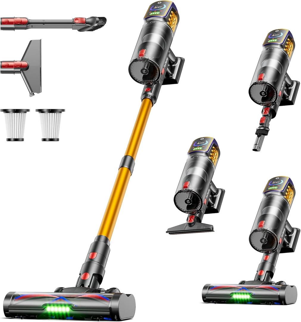 Cordless Vacuum Cleaner,50KPa 600W 65Mins Vacuum Cleaners for Home,Stick Vacuum with LED Display &Anti-tangle Brush and Self-Standing Design,Vacuum Cleaner for Hardwood Floors,Carpet,Pet Hair,Car