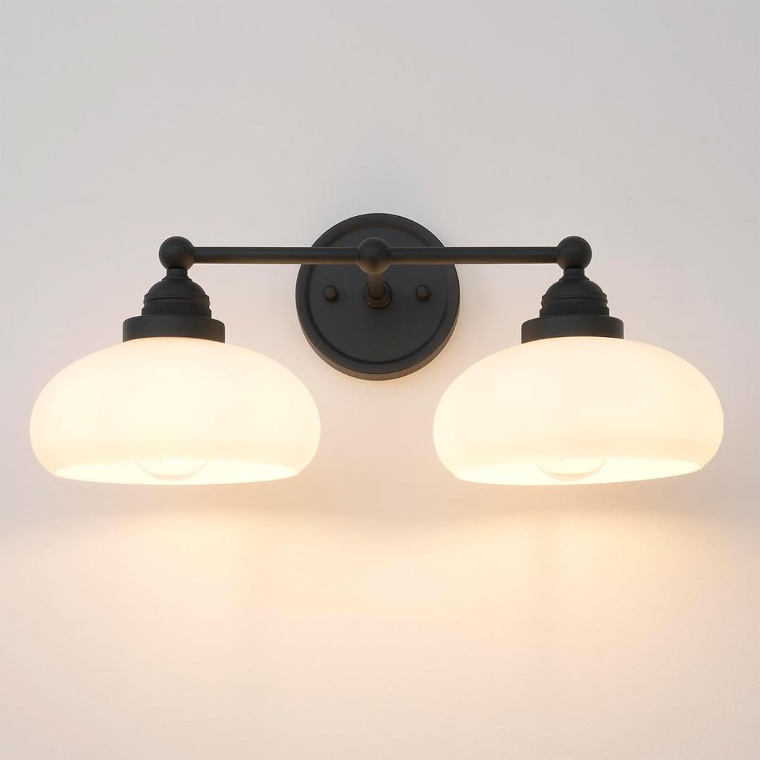 Vintage 2-Lights Sconces Wall Lighting with Milk White Glass Shade, Double Arm Wall Lamp Fixture for Living Room Dining Room Bedroom Hallway (Black)