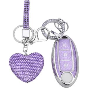 for Nissan 3 Buttons Key fob Cover with Diamond Heart Keychain, Car Accessories TPU for Rogue Armada Pathfinder Versa Smart Key, Purple