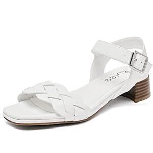 Ruiee Women's Heels Chunky Heeled Sandals for Women, Summer Bradied Low Block Pump Heels Ankle Strappy Dressy Square Open Toe Wedding Party Womens Sandals.2408087 (White, Size 8.5)