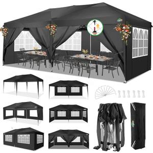 COBIZI Canopy 10x20 Pop Up Canopy with 6 Sidewalls,Waterproof Canopy Outdoor Event Shelter UPF 50+ Gazebo Portable Tents for Parties Beach Camping Wedding Commercial Instant Canopy (Black)