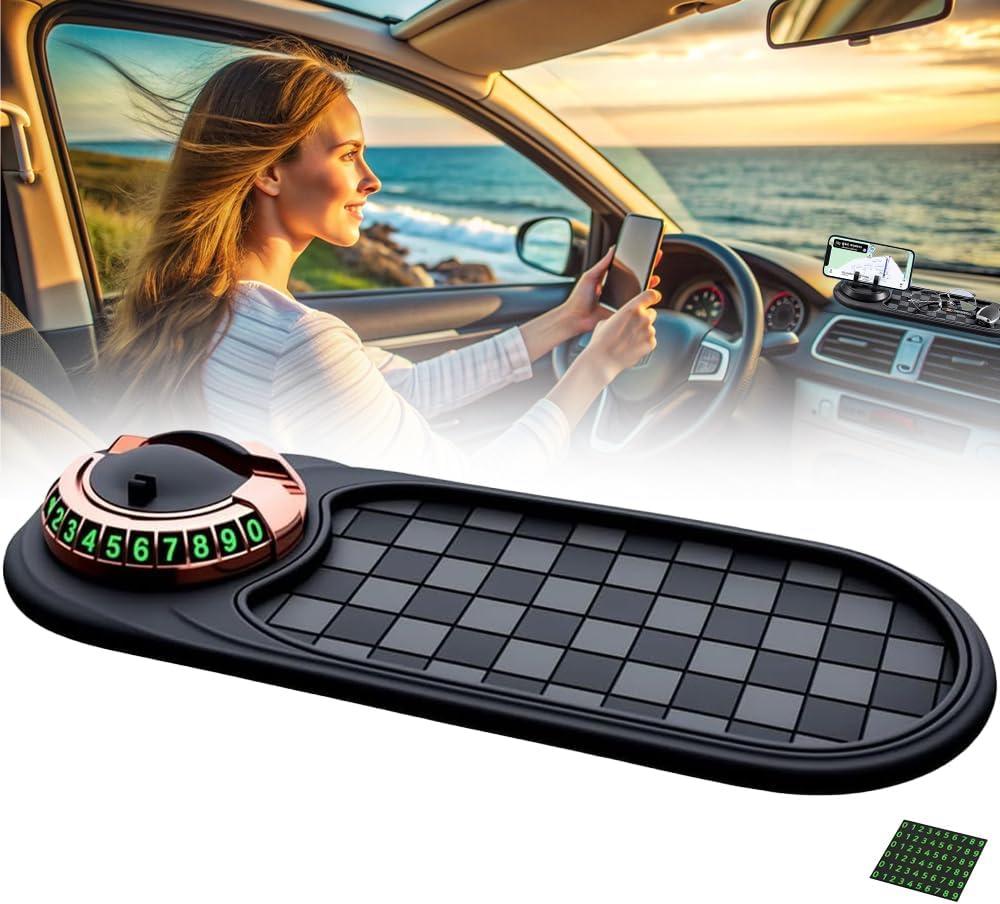 Multifunction Car Anti-Slip Mat,Rotatable Car Anti Slip Mat Phone Holder with Temporary Parking Number,Universal Car Phone Large Pad for Phones Sunglasses Keys Gadgets (Black+Gold Bracket)