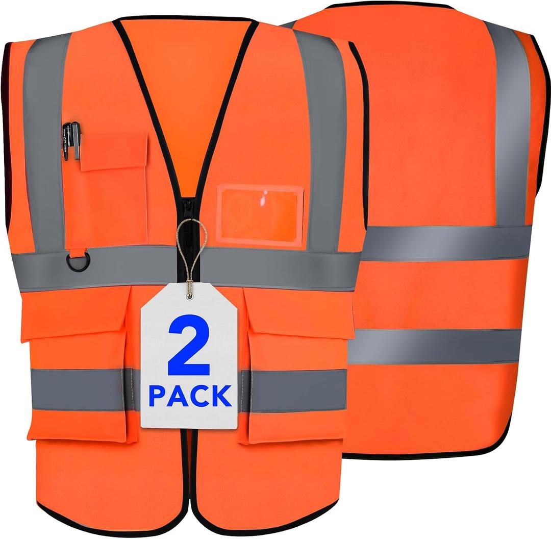XPCARE 2-Pack Hi Vis Reflective Safety Vest with Pockets, High Reflective Strips Zipper Work Vest for Men and Women, Orange(X-Large)