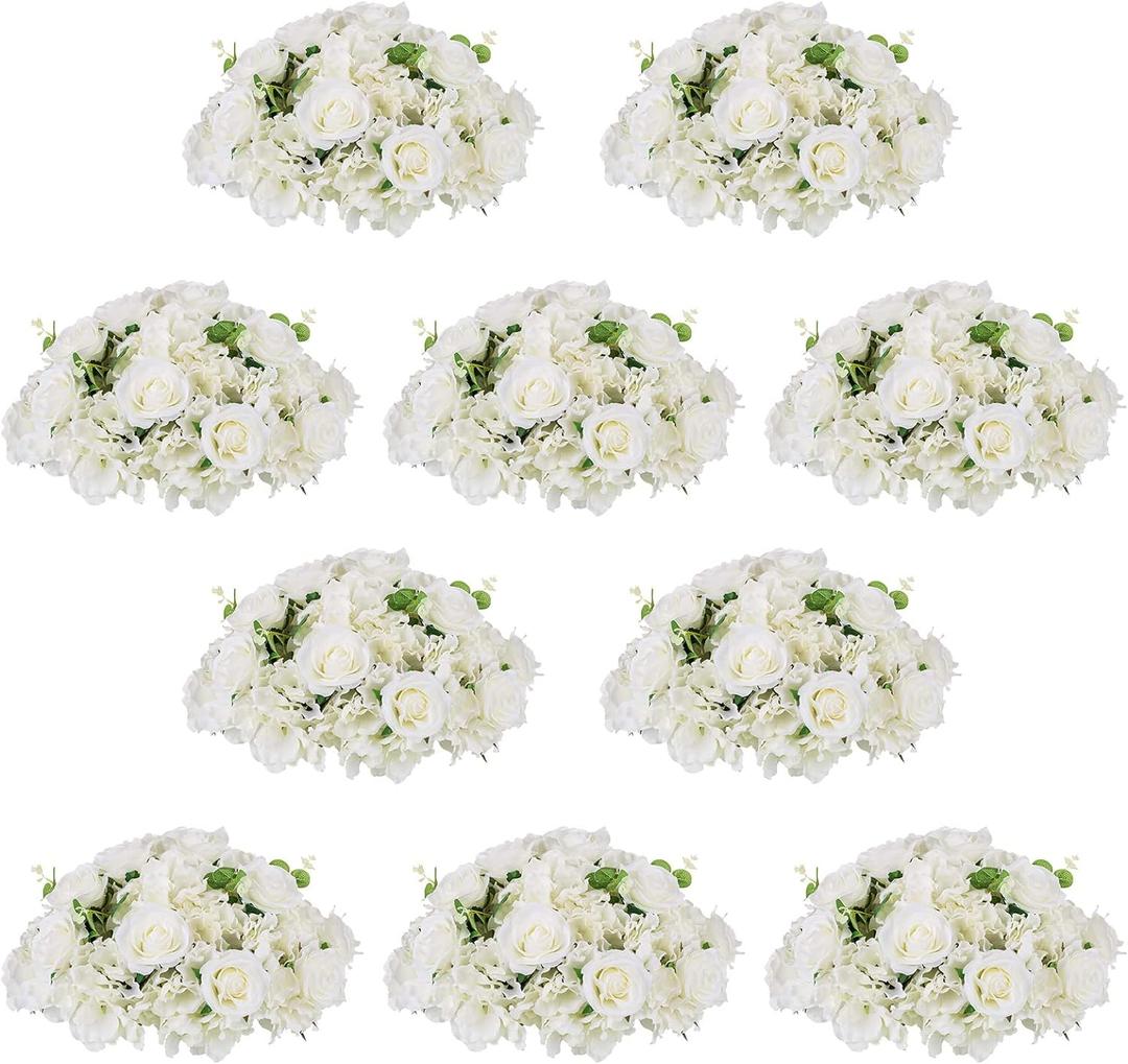NUPTIO Flower Ball Arrangement Bouquet - 10 Pcs 15.7 inch Diameter White Fake Flowers Roses Balls for Centerpieces Tables - Artificial Rose Arrangements for Wedding Centerpiece Table Decorations