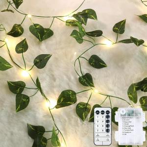 2 Pack Vines with Fairy Lights 40ft 120 LED Pothos String Lights USB Plugin & Battery Operated Leaf Lights with Timer 8 Modes Remote Decorative Light for Bedroom Wedding Party - Warm White