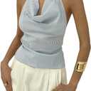 SOLY HUX Women's Striped Deep V Neck Bow Tie Backless Halter Blouse Tops Y2k Sleeveless Shirts (XS)