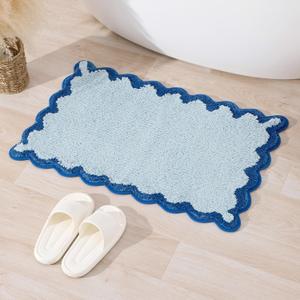 ORTIGIA Small Blue Scalloped Bath Mat, Cute Plush Microfiber Scallop Bathroom Rugs Non Slip Washable Quick Dry Absorbent, Bathmat Carpet for Shower Stall Vanities Kitchen Floor Entrance, 17x24