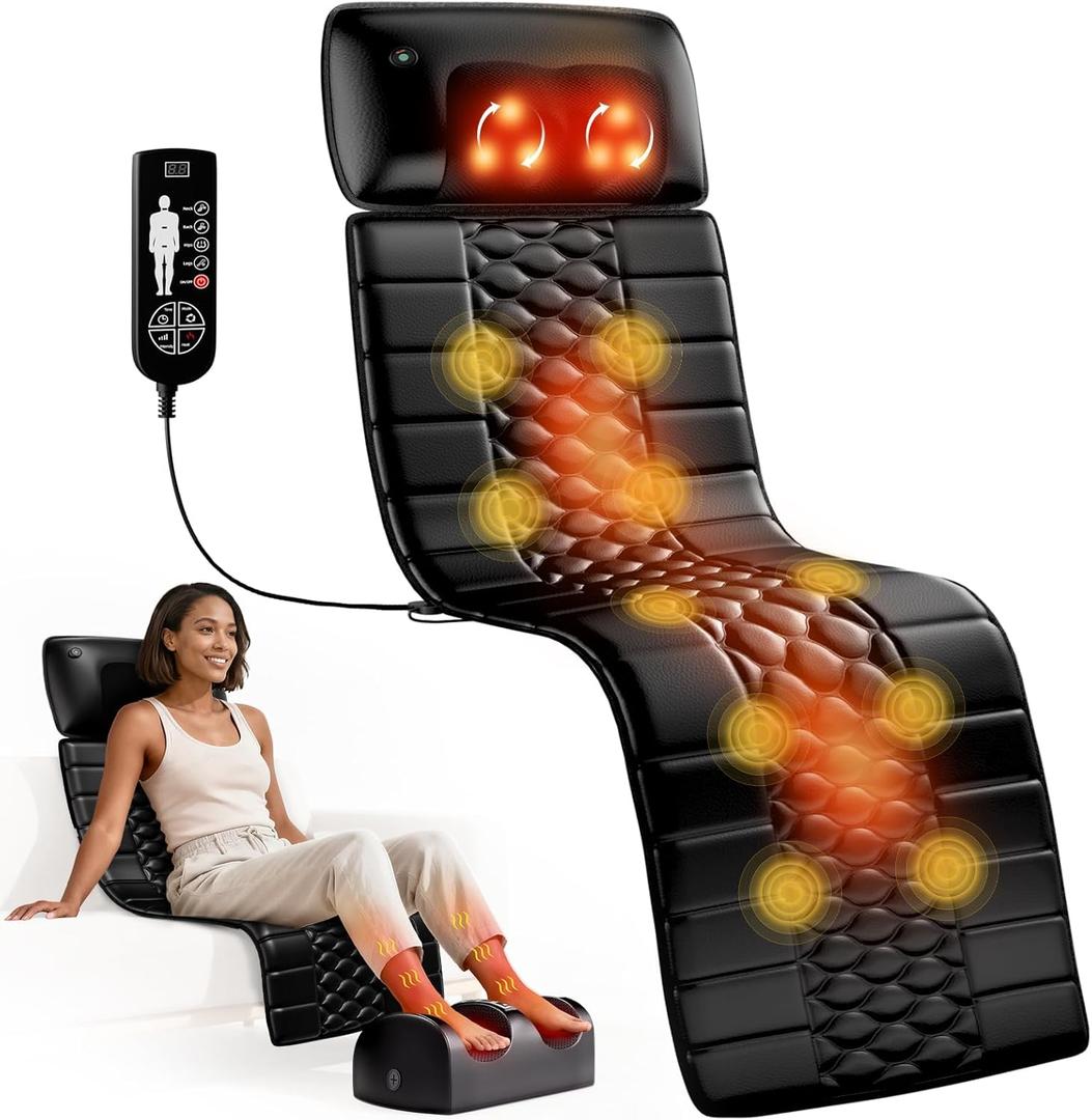 Shiatsu Full Body Massage Mat with Heat, Detachable Massager Pad, 10 Vibrating Motors, 9 Intensity Levels, Deep Tissue Pain Relief for Back, Neck & Legs  Relaxation at Home or Office