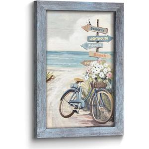Bedroom Beach Seascape Wall Art: Coastal Tropical Seaside Bicycle with Flower Beachy Signs Rustic Scenery Wooden Framed Prints Picture Ocean Seashore Painting Artwork Decor for Living Room Bathroom Home Office 24"x16"