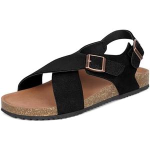 Intini Women's Cork Footbed Sandals with Arch Support Suede Leather Flat Slides Sandals Comfort Open Toe Slip On Shoes for Outdoor Summer Adjustable Buckle & Crisscross Band Size 40