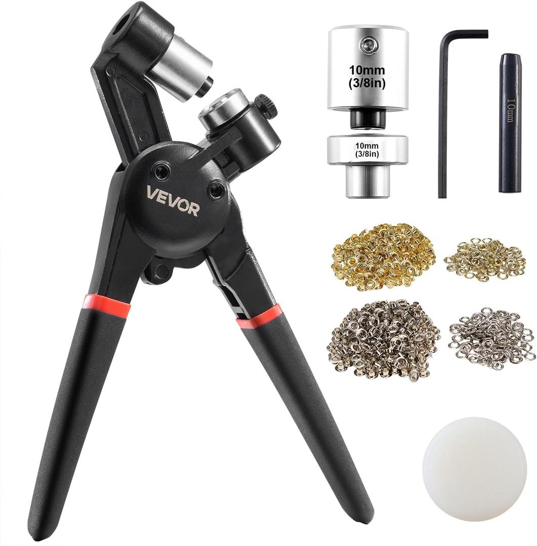 VEVOR Grommet Tool Kit, 500 PCS 3/8 Inch Metal Eyelets Grommets in Gold and Silver, Eyelet Kit with Manual Grommet Press Pliers, Hole Punch, and Block, for Leather Tarp Shoes Crafts Fabric Belt