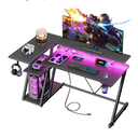 47 Inch Gaming Desk with Power Outlet & LED Lights, Corner Computer Desk with 3 Tiers Storage Shelves, Home Office Desk with Monitor Stand for Small Space, Carbon Fiber Black