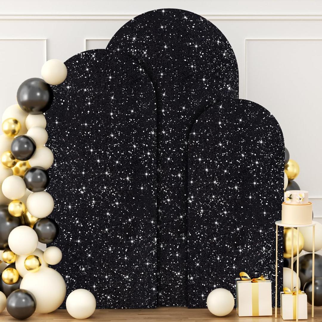 FUHSY Set of 3 Arch Backdrop Cover 7.2FT/6.6FT/6FT Black Spandex Sequin Arch Covers Stretchy Backdrop Glitter Chiara Wedding Arches Stand Cover for Birthday Party Ceremony Decor Indoor Outdoor